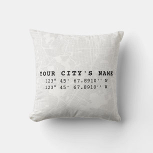Custom Map & Coordinates   Black & White Throw Pillow
