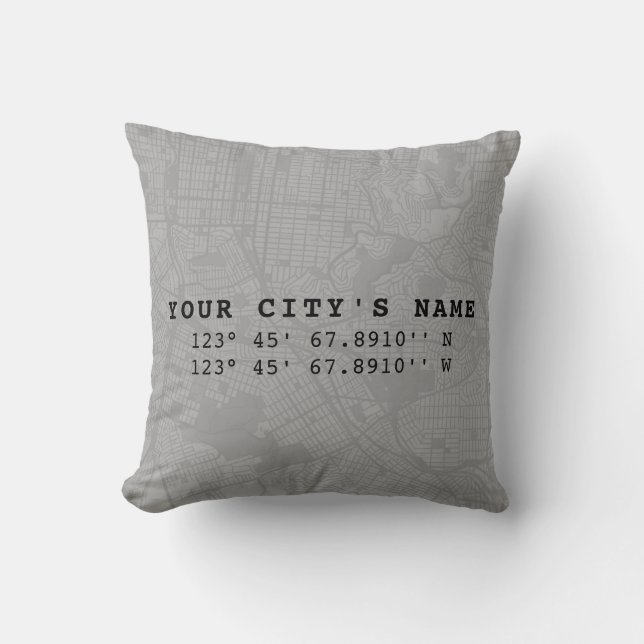 Custom Map & Coordinates | Light Grey & Black Throw Pillow (Front)