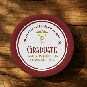 Custom Maroon Gold Medical School Graduation Paper Plate