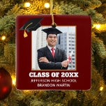 Custom Maroon Graduation Senior Photo 2025 Ceramic Ornament<br><div class="desc">This custom maroon red senior graduate Christmas ornament features your graduation photograph underneath a black grad cap. Personalize with your class year,  school,  and name for a great gift for a graduating student.</div>