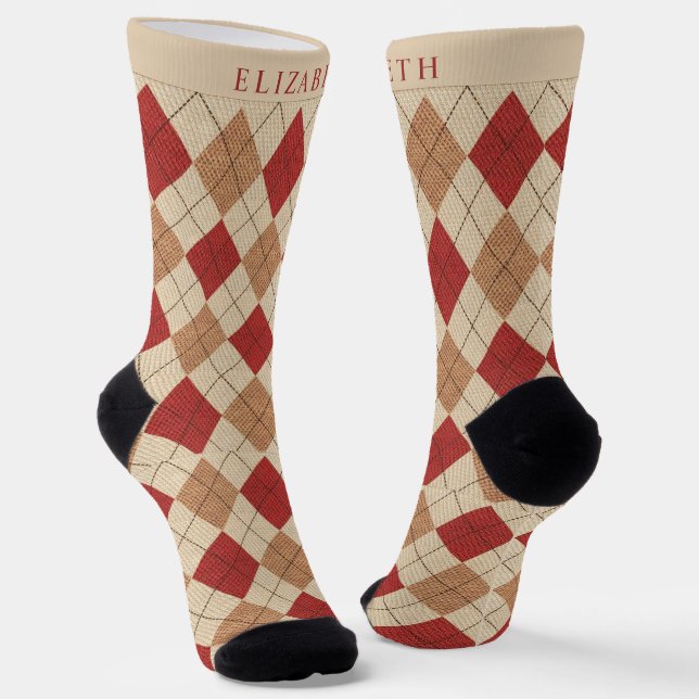 Custom Maroon Red Beige Brown Argyle Pattern Socks (Angled)