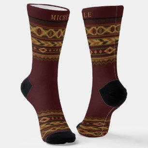 Custom Maroon Red Gold Yellow Aztec Pattern Socks