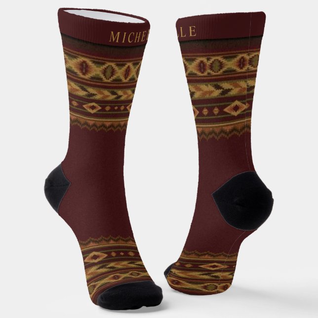 Custom Maroon Red Gold Yellow Aztec Pattern Socks (Angled)