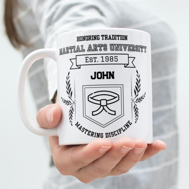 Custom Martial Arts University- Funny  Two-Tone Coffee Mug (Woman holding a Martial arts university theme mug.)
