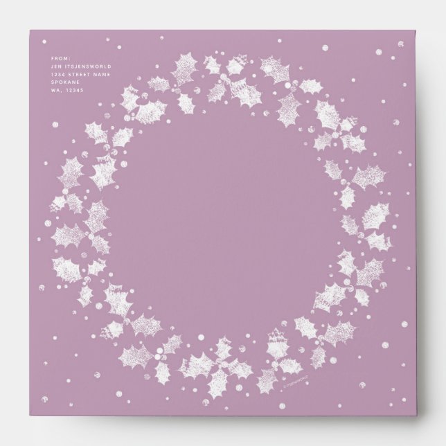 Custom Mauve Holly Wreath Return Address Square Envelope (Front)
