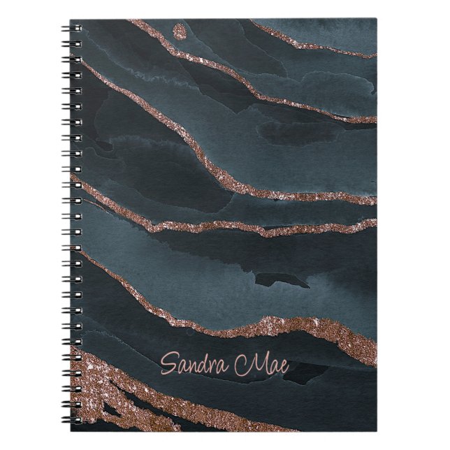 Custom Mauve Rose Gold Dark Blue Marble Pattern Notebook (Front)