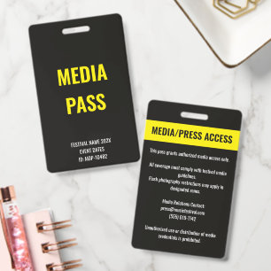 Custom Media Press Access Concert Festival Yellow Badge