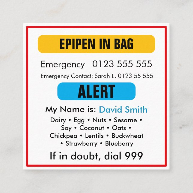Custom Medical Alert Orange EpiPen Card  (Front)