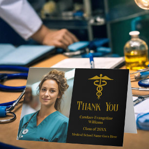Custom Medical School Graduation Photo Black Gold Thank You Card