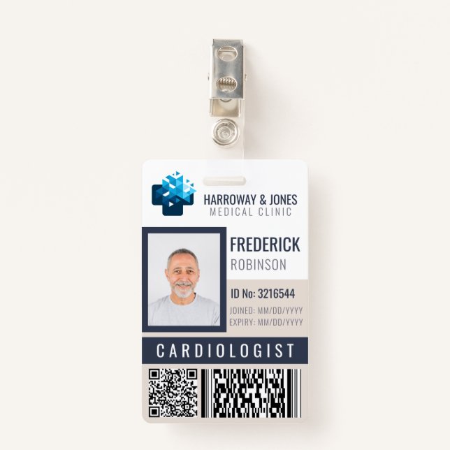 Custom Medical Staff Photo ID With QR & Barcode Badge (Front with Clip)