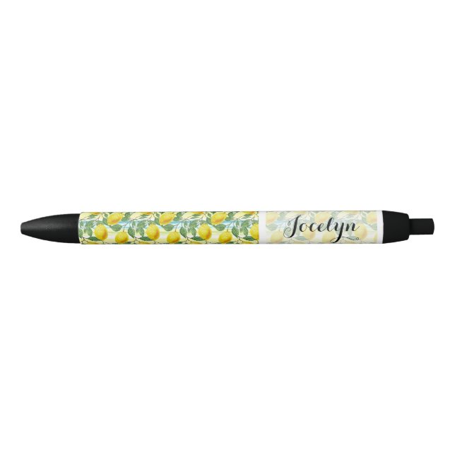 Custom Mediterranean Summer Lemon Fruit Pattern Black Ink Pen (Front)