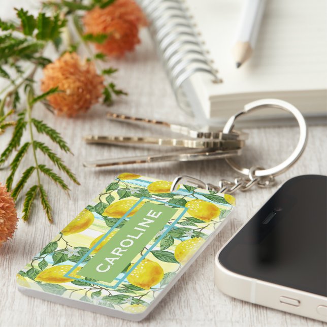 Custom Mediterranean Summer Lemon Fruit Pattern Keychain (Front Right)