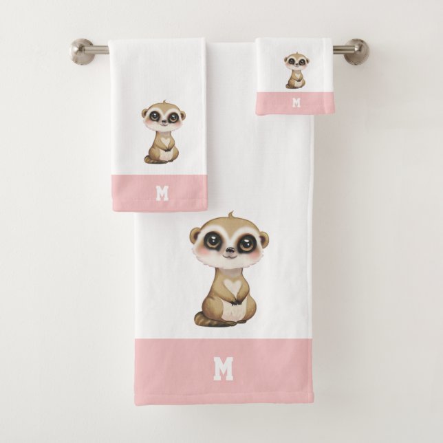 Custom Meerkat & Monogram on Pink & White Bath Towel Set (Insitu)