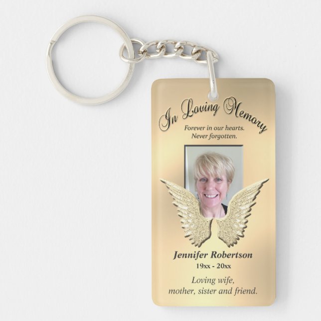 Custom Memorial Angel Wings Add Photo Gold Keychain (Front)