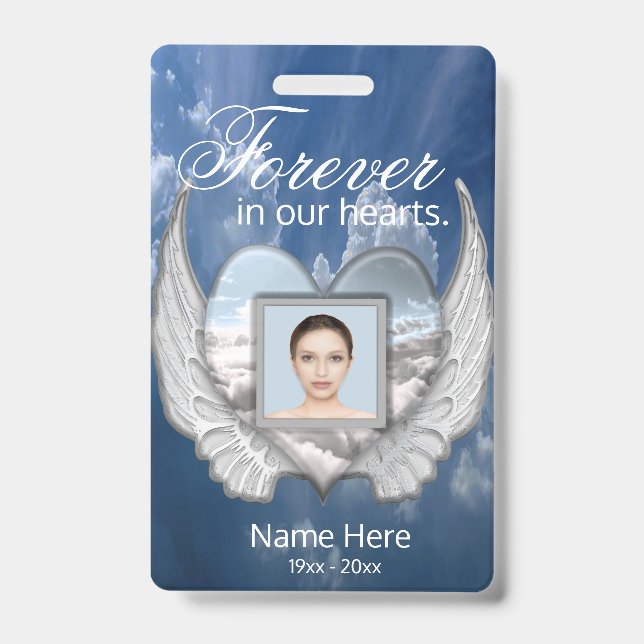 Custom Memorial Angel Wings Heart Add Photo Badge (Front)