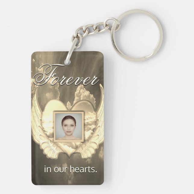 Custom Memorial Angel Wings Heart Add Photo Keychain (Back)