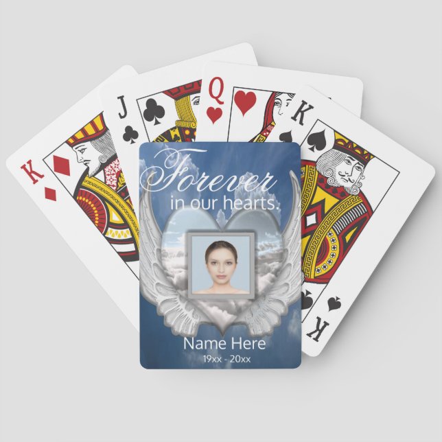 Custom Memorial Angel Wings Heart Add Photo Playing Cards (Back)