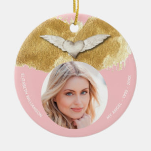 Custom Memorial Angel Wings Keepsake Photo Ceramic Ornament