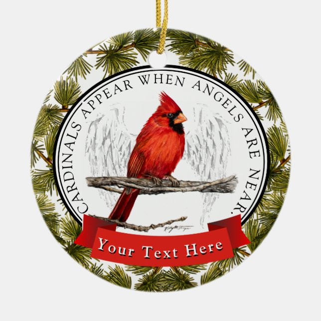 Custom Memorial Cardinal and Angels Ceramic Ornament (Front)