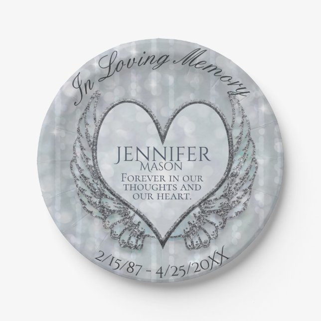 Custom Memorial Template Heart Wings Paper Plate (Front)
