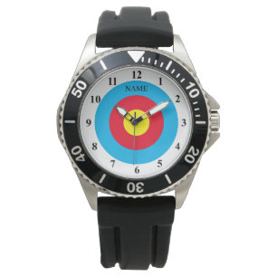 Custom men's watch with archery target bullseye