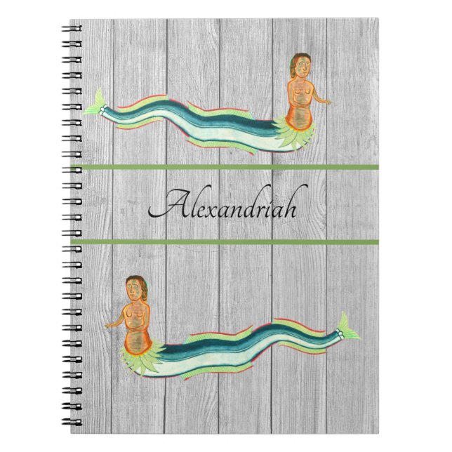 Custom Mermaid Lobster grey wood Coastal decor Notebook (Front)