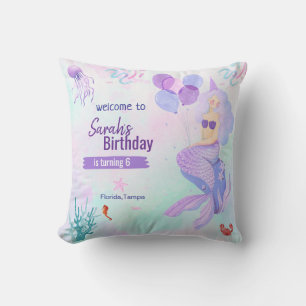 custom mermaid theme birthday girl purple  throw pillow