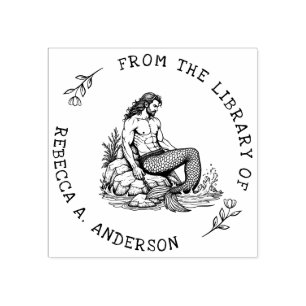 Custom Merman on Rock with Chain Bookplate Stamp