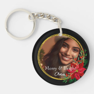 Custom Merry Bright Christmas Photo Red Flower Keychain