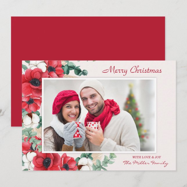 Custom Merry Christmas Floral Photo Holiday Card (Front/Back)