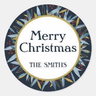 Custom Merry Christmas Golden Frame Classic Round Sticker