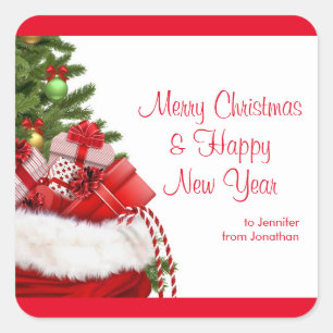 Custom Merry Christmas Happy New Year Text Names Square Sticker