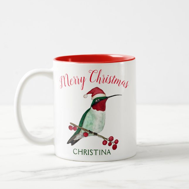 Custom Merry Christmas Hummingbird Two-Tone Coffee Mug (Left)