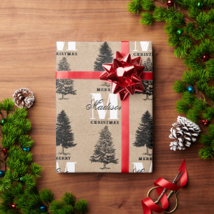 Custom Merry Christmas Kraft Vintage Monogram Wrapping Paper