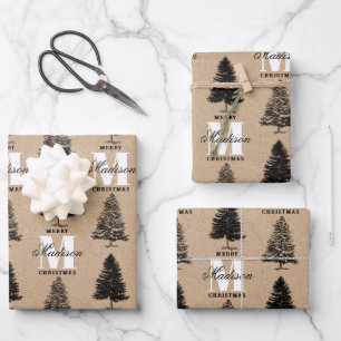 Custom Merry Christmas Kraft Vintage Monogram Wrapping Paper Sheet