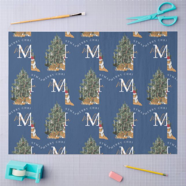 Custom Merry Christmas Monogram Tiger & Tree Blue Tissue Paper (Craft)
