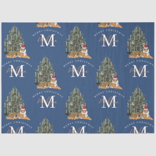 Custom Merry Christmas Monogram Tiger & Tree Blue Tissue Paper (Front)