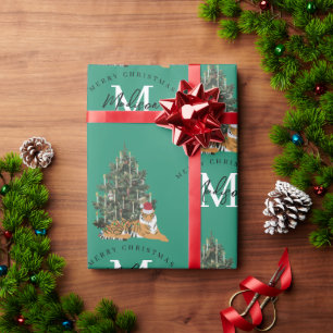 Custom Merry Christmas Monogram Tiger & Tree Green Wrapping Paper