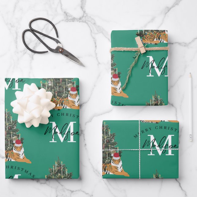 Custom Merry Christmas Monogram Tiger & Tree Green Wrapping Paper Sheet (Front)
