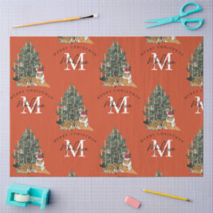 Custom Merry Christmas Monogram Tiger & Tree Red Tissue Paper