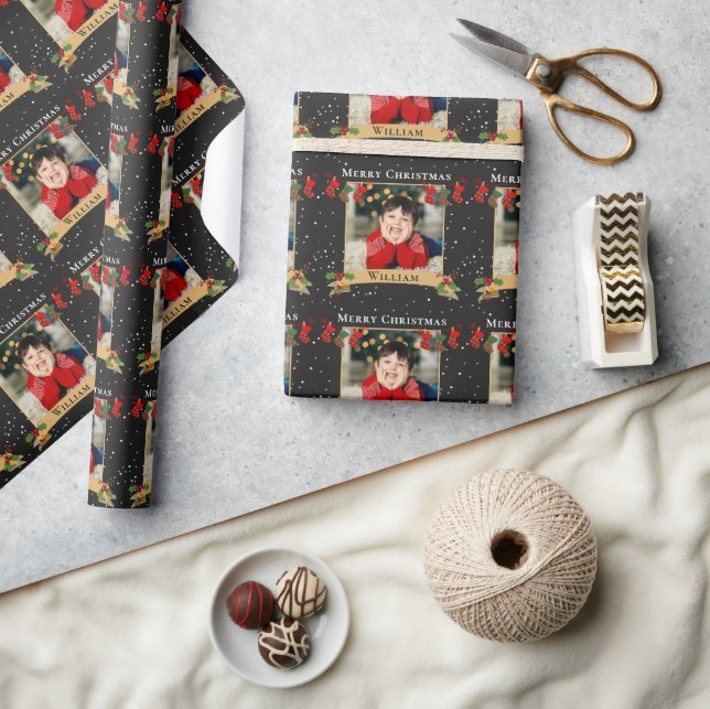 Custom Merry Christmas Photo Black Wrapping Paper (Crafts)