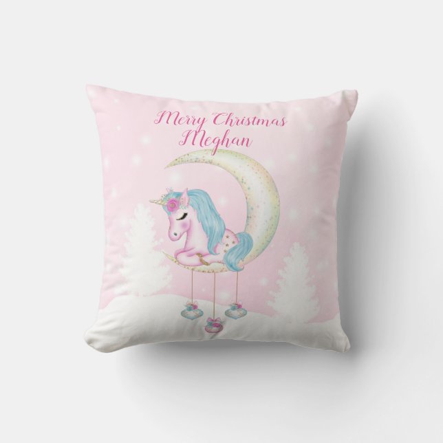 Custom Merry Christmas Pink Uniforn Throw Pillow (Front)