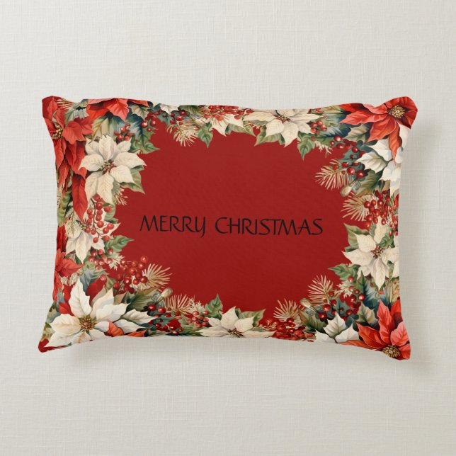 Custom Merry Christmas Poinsettias Wreath Accent Pillow (Back)