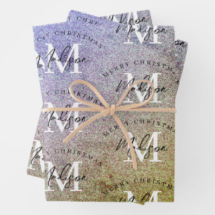 Custom Merry Christmas Purple Glitter Monogram  Wrapping Paper Sheet