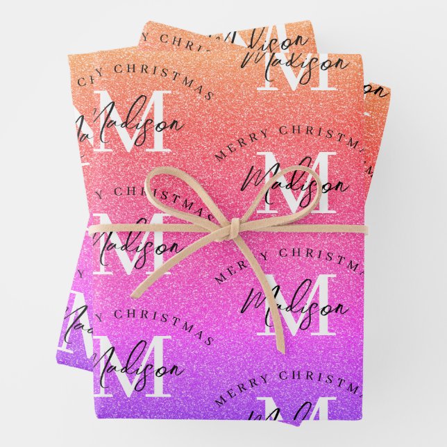 Custom Merry Christmas Rainbow Glitter Monogram  Wrapping Paper Sheet (In situ)