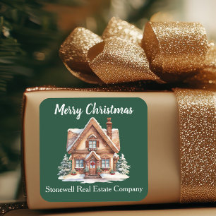 Custom Merry Christmas Real Estate Company Green Square Sticker