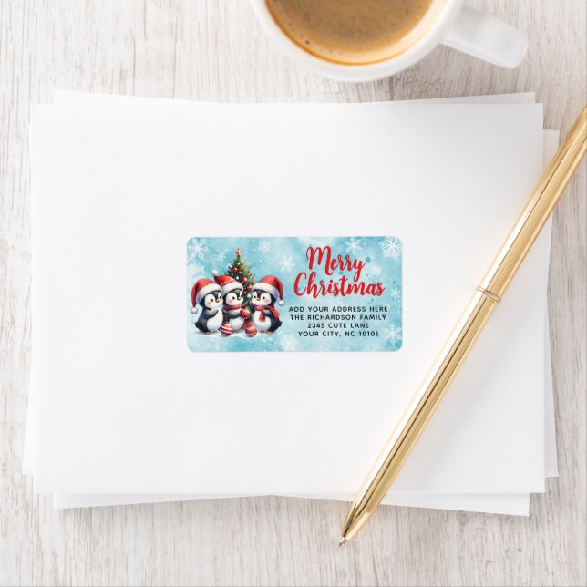 Custom Merry Christmas Red Blue Cute Penguins Label (Insitu)