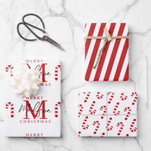 Custom Merry Christmas Red Candy Cane Monogram Wrapping Paper Sheet