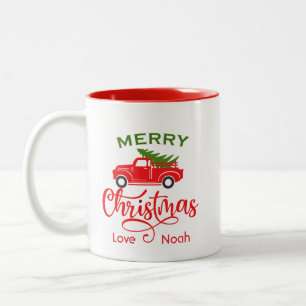 Custom Merry Christmas Red Truck Personalized Two-Tone Coffee Mug