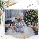 Custom, Merry Christmas Script Photo Overlay, Holiday Postcard<br><div class="desc">Elegant and simple, custom photo holiday postcard with beautiful "Merry Christmas" photo overlay in modern calligraphy, with ability to "move and drag" to any position to suit your photo best by selecting customize further, and using editor tool, with link button located at the end of template text boxes. Simply select...</div>
